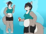  2019 absurd_res anthro belly beverage black_hair blush bottomwear breasts brown_fur canid canine canis cleavage clothed clothing digital_media_(artwork) ear_piercing female fur gesture grey_fur hair hair_over_eye hi_res mammal markings nipple_outline overweight overweight_female piercing shirt shorts simple_background solo standing tank_top thefoxydragon tight_clothing tongue tongue_out topwear waving weight_gain wolf 