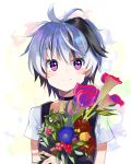  1girl absurdres berry bouquet calla_lily collar commentary dress flower flower_(vocaloid) highres holding holding_bouquet leaf lily_(flower) looking_at_viewer morning_glory multicolored_hair note55885 pinafore_dress purple_dress purple_eyes purple_hair shirt shirt_under_dress short_hair short_sleeves smile solo streaked_hair sunflower upper_body vocaloid white_hair white_shirt 