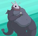  2019 absurd_res anthro belly big_belly brown_fur demon digital_media_(artwork) dragon eyes_closed flower fur grey_skin hand_on_stomach hi_res holding_object male moobs neck_tuft nude obese obese_male outline overweight overweight_male plant simple_background sleeping solo thefoxydragon thick_thighs tuft 