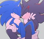  anthro black_fur blue_fur clothing duo eulipotyphlan fur gesture gloves green_eyes grey_background grin handwear hedgehog male mammal on_lap pink_eyes red_fur shadow_the_hedgehog sikai simple_background smile sonic_(series) sonic_the_hedgehog v_sign 