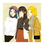  3girls :d alternate_hairstyle azuma_(no488888) bag bangs baseball_cap beige_background black_hair black_shirt blonde_hair blue_hair braid brown_coat brown_headwear brown_skirt clothes_writing coat collared_shirt crown_braid earrings green_eyes grey_shirt hair_down hair_over_shoulder hair_rings hat holding_strap jewelry kurosawa_dia looking_at_viewer love_live! love_live!_sunshine!! matsuura_kanan mole mole_under_mouth multiple_girls ohara_mari open_mouth purple_eyes shirt shoulder_bag sidelocks single_braid skirt sleeves_past_wrists smile turtleneck white_shirt yellow_eyes 