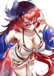  1girl adjusting_eyewear bikini blue_eyes blue_shawl breasts cleavage commentary_request feathers godguard_brodia granblue_fantasy hair_feathers hair_ornament heart heart-shaped_eyewear highres large_breasts leaning_forward long_hair looking_at_viewer red_hair simple_background smile solo sunglasses swimsuit user_aemy7233 very_long_hair white_background white_bikini 