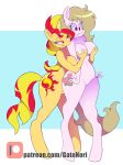  2019 absurd_res anthro bedroom_eyes breast_grab breasts digital_media_(artwork) equestria_girls equid equine fan_character featureless_crotch female female/female grabbing_from_behind grope half-closed_eyes hand_on_breast hi_res horse mammal my_little_pony norithecat nude pony seductive simple_background sunset_shimmer_(eg) surprise 