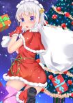  1girl alternate_costume ass bangs bell blue_eyes blush boots box capelet christmas_tree commentary_request cowboy_shot dress eyebrows_visible_through_hair from_behind gift gift_box gloves green_ribbon hair_bell hair_ornament hands_up highres holding holding_sack izayoi_sakuya jingle_bell looking_at_viewer looking_back maid_headdress night night_sky open_mouth outdoors pink_legwear red_capelet red_dress red_footwear red_gloves ribbon sack short_dress short_hair sidelocks silver_hair sky snowing solo standing standing_on_one_leg takashin_nishichakai thighhighs thighs touhou zettai_ryouiki 