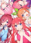  5girls ;d ;p absurdres ahoge bangs blue_cardigan blue_eyes breasts cardigan character_request eyebrows_visible_through_hair go-toubun_no_hanayome green_hairband green_ribbon grin hair_between_eyes hair_ornament hair_over_one_eye hair_ribbon hairband hands_up headphones headphones_around_neck highres jacket long_hair long_sleeves looking_at_viewer medium_breasts mika_pikazo multiple_girls nakano_miku one_eye_closed open_mouth orange_hair pink_hair pink_vest purple_jacket reaching_out red_hair ribbon scan shirt short_hair short_sleeves sleeves_past_wrists smile star star_hair_ornament tongue tongue_out upper_body v vest white_background white_shirt 
