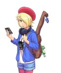  androgynous bag_charm blonde_hair blue_jacket blue_shorts brown_eyes camera cellphone character_request charm_(object) copyright_request hair_over_one_eye hat headphones headphones_around_neck highres holding holding_cellphone holding_phone imizu_futoshi instrument_case jacket long_sleeves looking_at_viewer pantyhose phone pink_legwear red_headwear shirt short_shorts shorts simple_background smartphone standing stuffed_animal stuffed_frog stuffed_toy white_background white_shirt 