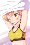  1girl armpits arms_up blush collarbone commentary_request highres hoshizora_rin love_live! love_live!_school_idol_project one_eye_closed open_mouth orange_hair sen_(sen0910) shirt short_hair solo sports_bra sweat undressing upper_body white_shirt yellow_eyes yellow_sports_bra 