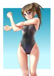  1girl bangs black_swimsuit blue_neckwear blush breasts brown_hair commentary_request competition_swimsuit covered_navel derivative_work eyebrows_visible_through_hair gradient gradient_background hair_between_eyes highleg highleg_swimsuit highres katahira_masashi lips long_hair medium_breasts one-piece_swimsuit original ponytail purple_eyes simple_background skindentation smile solo standing stretch swimsuit 
