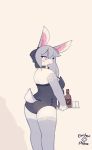 2019 accessory alcohol anthro beverage blush breasts bunny_costume butt choker clothing costume countershading digital_media_(artwork) electrycpynk female fur grey_fur grey_hair hair hair_accessory hair_ribbon hi_res jewelry lagomorph leporid long_hair mammal multicolored_fur necklace open_mouth pink_eyes rabbit rear_view ribbons serving_tray signature simple_background solo two_tone_fur waiter white_countershading white_fur 