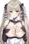  1girl azur_lane bangs bare_shoulders between_breasts black_dress black_nails blush breasts breasts_outside covering covering_breasts dress dress_pull earrings formidable_(azur_lane) frilled_dress frills grey_hair hair_ribbon hands_on_own_chest highres jewelry large_breasts long_hair looking_at_viewer parted_lips red_eyes revision ribbon simple_background sino_(sionori) solo twintails two-tone_ribbon very_long_hair white_background 