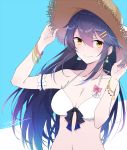  1girl bikini black_hair blush breasts brown_eyes cleavage closed_mouth earrings eyebrows_visible_through_hair hair_between_eyes hair_ornament hairclip haruna_(kantai_collection) hat hat_ribbon holding holding_hat ieufg jewelry kantai_collection large_breasts long_hair looking_at_viewer ribbon smile solo straw_hat swimsuit two-tone_background white_bikini 