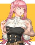  1boy 1girl absurdres belt breasts deep_skin eyebrows_visible_through_hair fire_emblem fire_emblem:_three_houses highres hilda_(under_night_in-birth) hilda_valentine_goneril large_breasts long_hair looking_back mogtate neckerchief open_mouth orange_background pink_eyes pink_hair shirt simple_background solo_focus sweatdrop twintails upper_body 