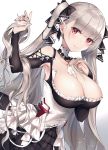  1girl armpits azur_lane bangs bare_shoulders between_breasts black_dress black_nails blush breasts cleavage dress earrings eyebrows_visible_through_hair formidable_(azur_lane) frilled_dress frills grey_hair hair_ornament hair_ribbon highres holding holding_hair jewelry large_breasts long_hair long_sleeves looking_at_viewer mugi_(iccomae) red_eyes ribbon simple_background solo twintails white_background 