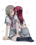  2girls after_kiss black_legwear blue_eyes blush face-to-face grey_hair grey_skirt hair_ornament hairclip half_updo hand_on_another&#039;s_back highres kneehighs long_hair love_live! love_live!_sunshine!! miniskirt multiple_girls neckerchief pleated_skirt red_hair red_neckwear sakurauchi_riko saliva saliva_trail school_uniform serafuku shirt short_hair short_sleeves sitting skirt sweat undone_neckwear uranohoshi_school_uniform watanabe_you white_background yuchi_(salmon-1000) yuri 