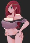  1girl bare_shoulders black_panties blush breasts cleavage cowboy_shot green_eyes highres katarina_du_couteau large_breasts league_of_legends long_hair looking_to_the_side navel off_shoulder panties pao_mian+dan red_hair scar scar_across_eye see-through solo underwear 