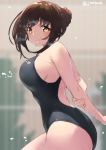  1girl bangs bare_shoulders black_swimsuit blush breasts brown_eyes brown_hair competition_swimsuit jonsun large_breasts long_hair looking_at_viewer one-piece_swimsuit original smile solo swimsuit 