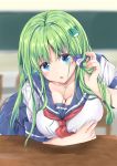  1girl :o alternate_costume bangs blue_eyes blue_sailor_collar blue_skirt blurry blurry_background blush breasts chalkboard commentary_request contemporary eyebrows_visible_through_hair frog_hair_ornament fule green_hair hair_ornament hair_tubes hand_up head_tilt highres indoors kochiya_sanae large_breasts leaning_forward long_hair looking_at_viewer neckerchief open_mouth pleated_skirt red_neckwear sailor_collar school_uniform serafuku short_sleeves skirt solo touhou upper_body 
