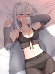  1girl akahi242 bare_shoulders bikini black_bikini blush breasts cleavage clothes_writing covering_mouth eyebrows_visible_through_hair grey_sweater hair_between_eyes headband highres kantai_collection long_hair looking_to_the_side lying medium_breasts midriff navel on_back one_side_up purple_eyes silver_hair solo suzutsuki_(kantai_collection) sweater swimsuit 