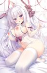  1girl :o animal_ear_fluff animal_ears babydoll bare_shoulders bed bow breasts choker cleavage commentary_request fang fox_ears fox_girl fox_tail frills hair_bow half_updo highres holding huge_breasts lingerie long_hair looking_at_viewer navel nipples no_shoes on_bed open_mouth original pillow purple_eyes reclining ribbon see-through skindentation solo striped striped_bow tail thick_thighs thighhighs thighs underwear very_long_hair white_hair white_legwear yatanukikey 