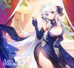  1girl alcohol apple_caramel azur_lane bangs bare_shoulders belfast_(azur_lane) blue_bow blue_dress blue_gloves blurry blurry_background bow braid breasts champagne champagne_flute cleavage closed_mouth commentary_request cup curtains depth_of_field dress drinking_glass earrings elbow_gloves eyebrows_visible_through_hair gloves hair_between_eyes hair_bow highres holding holding_cup indoors jewelry large_breasts long_hair purple_eyes railing smile solo stairs stud_earrings very_long_hair white_hair 