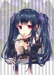  1girl arikawa_satoru black_hair blush bow bubble_tea copyright_name cup drinking flower_knight_girl hair_bow hair_ornament hairclip highres holding holding_cup long_hair looking_at_viewer purple_bow red_eyes solo striped striped_background torikabuto_(flower_knight_girl) twintails upper_body 