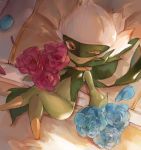  1girl ;o bangs bed blanket blue_flower blue_rose brown_eyes commentary_request crossed_legs flower from_above full_body gen_4_pokemon highres looking_at_viewer lying navel no_humans on_back one_eye_closed parted_bangs petals pillow pink_flower pink_rose pokemon pokemon_(creature) pokemon_(game) pokemon_dppt rose rose_petals roserade ryuuji_teitoku solo tears white_hair 