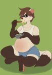  2019 angry artists belly big_belly blue_eyes bottomwear bulge chopsticks clothing domestic_ferret eating food hi_res looking_at_viewer male_pregnancy mammal mustela mustelid musteline noodles pregnant pregoo shirt shorts sitting tank_top topwear zlash88 
