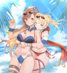  2girls absurdres beatrix_(granblue_fantasy) bikini blonde_hair blue_bikini blue_eyes blue_sky blush bracelet breasts brown_eyes brown_hair cleavage cloud commentary_request day eyewear_on_head granblue_fantasy highres hug hug_from_behind jewelry large_breasts long_hair multiple_girls ocean one_eye_closed palm_tree ponytail red_bikini renzu_(lens_02) side-tie_bikini sky smile sunglasses sunlight swimsuit tree twintails zeta_(granblue_fantasy) 