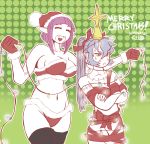  annoyed biped blue_hair breasts christmas christmas_lights cleavage clothed clothing crossed_arms duo female hair hat headgear headwear holidays humanoid humanoid_pointy_ears long_hair navel not_furry pattern_background ribbons samanator_club santa_hat simple_background teeth tongue 