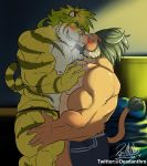  abs arsalan bed blush bodily_fluids clothing deadanthro felid grin imminent_sex lion magan male male/male mammal mane_hair mature_male muscular muscular_male nipples pantherine pec_squeeze pecs smile sweat tiger tokyo_afterschool_summoners underwear video_games 