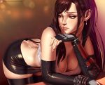  1girl ass bare_shoulders black_gloves black_hair black_legwear breasts brown_eyes butt_crack cleavage earrings elbow_gloves final_fantasy final_fantasy_vii gauntlets gloves jewelry large_breasts lips long_hair looking_to_the_side nikita_varb ribbed_shirt shirt skindentation skirt solo sweater thighhighs tifa_lockhart 