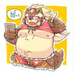  1:1 2019 anthro belly bmf_6666 bottomwear brown_fur canid canine clothing fur goemon_(tas) hi_res humanoid_hands male mammal moobs navel nipples one_eye_closed overweight overweight_male raccoon_dog shirt shorts simple_background solo tanuki tokyo_afterschool_summoners topwear video_games wink 