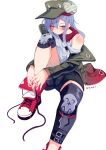  1girl aka--chi bandana bangs bare_shoulders black_shorts blush closed_mouth commentary eyebrows_visible_through_hair g11_(girls_frontline) girls_frontline green_jacket grey_hair hair_between_eyes hat highres jacket knee_pads knee_up looking_at_viewer off_shoulder shoes short_shorts shorts sidelocks sitting sneakers solo tank_top tying_shoes yellow_eyes 