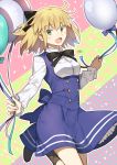  1girl ahoge alternate_costume artoria_pendragon_(all) balloon black_bow black_ribbon blonde_hair blue_dress blue_ribbon blush bow breasts brown_footwear buttons commentary_request dress eyebrows_visible_through_hair fate/grand_order fate/stay_night fate_(series) green_eyes hair_between_eyes hair_bow hair_ornament hair_ribbon heroic_spirit_festival_outfit highres holding holding_balloon long_sleeves looking_at_viewer medium_breasts nikame open_mouth ribbon saber short_hair signature smile solo 