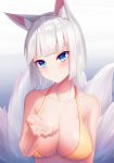  1girl absurdres animal_ear_fluff animal_ears arm_at_side azur_lane bangs blue_background blue_eyes blunt_bangs blunt_ends blush breasts cleavage eyebrows_visible_through_hair eyeliner fingernails fox_ears fox_tail gradient gradient_background halterneck hand_up highres kaga_(azur_lane) kitsune large_breasts looking_at_viewer makeup milk_box_(leoleo963852741) multiple_tails orange_bikini_top pink_eyeshadow puckered_lips reaching_out shadow shiny shiny_hair short_hair solo tail upper_body v-shaped_eyebrows white_background white_hair 