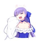  1girl bare_shoulders breasts chan_co choker cleavage closed_eyes eyebrows_visible_through_hair fate/grand_order fate_(series) hair_ribbon hand_up highres long_hair meltryllis meltryllis_(swimsuit_lancer)_(fate) open_mouth purple_hair ribbon simple_background sleeves_past_wrists small_breasts solo upper_body upper_teeth white_background 