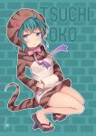  1girl bare_legs blue_eyes blush character_name frown full_body geta green_hair hands_in_pockets hatagaya hood hood_up hoodie kemono_friends long_sleeves looking_at_viewer neck_ribbon outline pink_ribbon ribbon signature snake_tail solo striped_hoodie striped_tail tail tengu-geta tsuchinoko_(kemono_friends) white_outline 