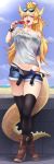  1girl belt bikini black_belt black_bikini black_legwear blonde_hair blue_eyes boots bowsette bracelet breasts brown_footwear collarbone commentary commission crossed_legs crown dakimakura day denim denim_shorts english_commentary eyewear_on_head fang food full_body fur-trimmed_shorts high_heel_boots high_heels highres horns jewelry large_breasts long_hair mario_(series) maritan_(pixelmaritan) monster_girl navel new_super_mario_bros._u_deluxe open_fly open_mouth outdoors pointy_ears popsicle see-through shirt short_shorts shorts solo spiked_bracelet spiked_tail spikes sunglasses super_crown sweat swimsuit tail thighhighs tongue tongue_out undone_belt uneven_eyes v-shaped_eyebrows watson_cross white_shirt 