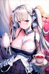  1girl absurdly_long_hair azur_lane between_breasts blush breasts chair choker cleavage commentary_request corset cup earrings eyebrows_visible_through_hair formidable_(azur_lane) frills hair_ribbon highres jewelry large_breasts long_hair looking_at_viewer necktie necktie_between_breasts plate platinum_blonde_hair red_eyes rei_(rei&#039;s_room) ribbon solo sparkle spoon tea teacup teapot twintails two-tone_dress two-tone_ribbon very_long_hair 