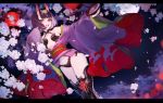  1girl :d alcohol armpits bangs bare_shoulders cherry_blossoms cup eyebrows_visible_through_hair eyeliner fate/grand_order fate_(series) hair_ornament horns japanese_clothes k_(sktchblg) kimono lantern looking_at_viewer makeup oni open_mouth pale_skin purple_eyes purple_hair sakazuki sake sash short_hair shuten_douji_(fate/grand_order) sleeves_past_wrists smile solo thighhighs 