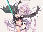  :d ass_visible_through_thighs bangs bikini black_bikini black_gloves breasts cleavage fate/grand_order fate_(series) gloves green_eyes highres holding holding_sword holding_weapon jacket katana long_hair navel okita_souji_(fate)_(all) okita_souji_(swimsuit_assassin)_(fate) open_clothes open_jacket open_mouth ponytail purple_hair smile suzuki24 swimsuit sword teeth very_long_hair weapon 
