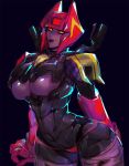 2019 alien big_breasts breasts claws cybertronian digital_drawing_(artwork) digital_media_(artwork) eyelashes female fingers front_view half-closed_eyes hi_res humanoid junkion living_machine looking_at_viewer machine not_furry orange_eyes playful robot robotboob rum-maj seductive simple_background smile solo standing thick_thighs tongue tongue_out transformers under_boob wide_hips 