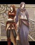  1boy 1girl altenna_(fire_emblem) berangkat black_legwear boots breasts brown_eyes brown_hair fire_emblem fire_emblem:_genealogy_of_the_holy_war headband jpeg_artifacts long_hair long_sleeves medium_breasts midriff red_footwear scarf shannan_(fire_emblem) standing striped striped_scarf thighhighs very_long_hair 