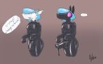  2019 abbihors anthro blue_eyes blue_hair breasts clothing english_text fish gynomorph hair intersex marine penis petplay ponyplay roleplay rubber rubber_suit shark suit_transformation text transformation 