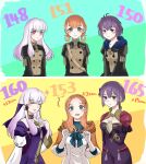  3girls age_comparison annette_fantine_dominique bernadetta_von_varley breasts cleavage closed_eyes closed_mouth dress epaulettes fire_emblem fire_emblem:_three_houses garreg_mach_monastery_uniform gloves green_eyes highres hood hood_down kura_(okura_eekura) long_hair long_sleeves lysithea_von_ordelia multiple_girls open_mouth orange_hair pink_eyes purple_hair short_hair short_sleeves smile twintails uniform upper_body white_hair 