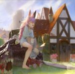  1girl absurdres animal_ears bandaid bandaid_on_nose barefoot blue_sky blurry blurry_background broom bunny closed_eyes day dragon flag grass hair_between_eyes hat highres house long_hair mob_cap open_mouth original outdoors peko_(y28he) pink_hair shirt sitting sky very_long_hair white_flag white_shirt 