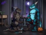  2018 4:3 anthro blue_body brown_body brush by-nc-nd clothed clothing creative_commons detailed_background digital_media_(artwork) digitigrade dragomar dragon drake_terrys duo feet halloween hi_res holidays horn lizard male nipples obfuscator paint paintbrush pecs reptile scalie smile soles underwear yellow_eyes 