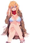  1girl adjusting_eyewear ahoge aka--chi artist_name as_val_(girls_frontline) bandana bangs blonde_hair blue_eyes blush bra breasts brown_skirt censored cleavage commentary girls_frontline glasses hair_between_eyes hair_ornament hairpin highres jacket long_sleeves looking_at_viewer medium_hair no_panties open_clothes open_jacket open_mouth pleated_skirt red-framed_eyewear semi-rimless_eyewear shoes sidelocks simple_background sitting skirt sneakers solo striped striped_bra stuffed_animal stuffed_toy teddy_bear underwear upper_teeth white_background 