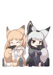  2girls :3 absurdres animal_ear_fluff animal_ears bare_shoulders bat-eared_fox_(kemono_friends) between_legs black_gloves black_hair black_jacket black_legwear black_neckwear black_skirt blush boots bow bowtie closed_eyes commentary_request elbow_gloves eyebrows_visible_through_hair fang fox_ears fox_tail fur_trim gandr1229 gloves green_eyes grey_hair grey_neckwear hand_between_legs highres jacket jacket_around_neck kemono_friends light_brown_hair light_brown_shirt light_brown_skirt looking_at_another multicolored multicolored_clothes multiple_girls orange_shirt pale_fox_(kemono_friends) pleated_skirt shirt short_hair short_sleeves sitting skirt socks tail tail_in_mouth vest white_background white_hair white_legwear white_shirt wristband 