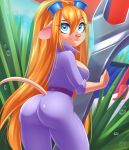  2019 anthro blonde_hair blue_eyes breasts butt chip_&#039;n_dale_rescue_rangers clothing dannyckoo disney eyewear female gadget_hackwrench goggles grass hair hi_res jumpsuit long_hair looking_back mammal mouse murid murine rear_view rodent smile solo tools wrench 